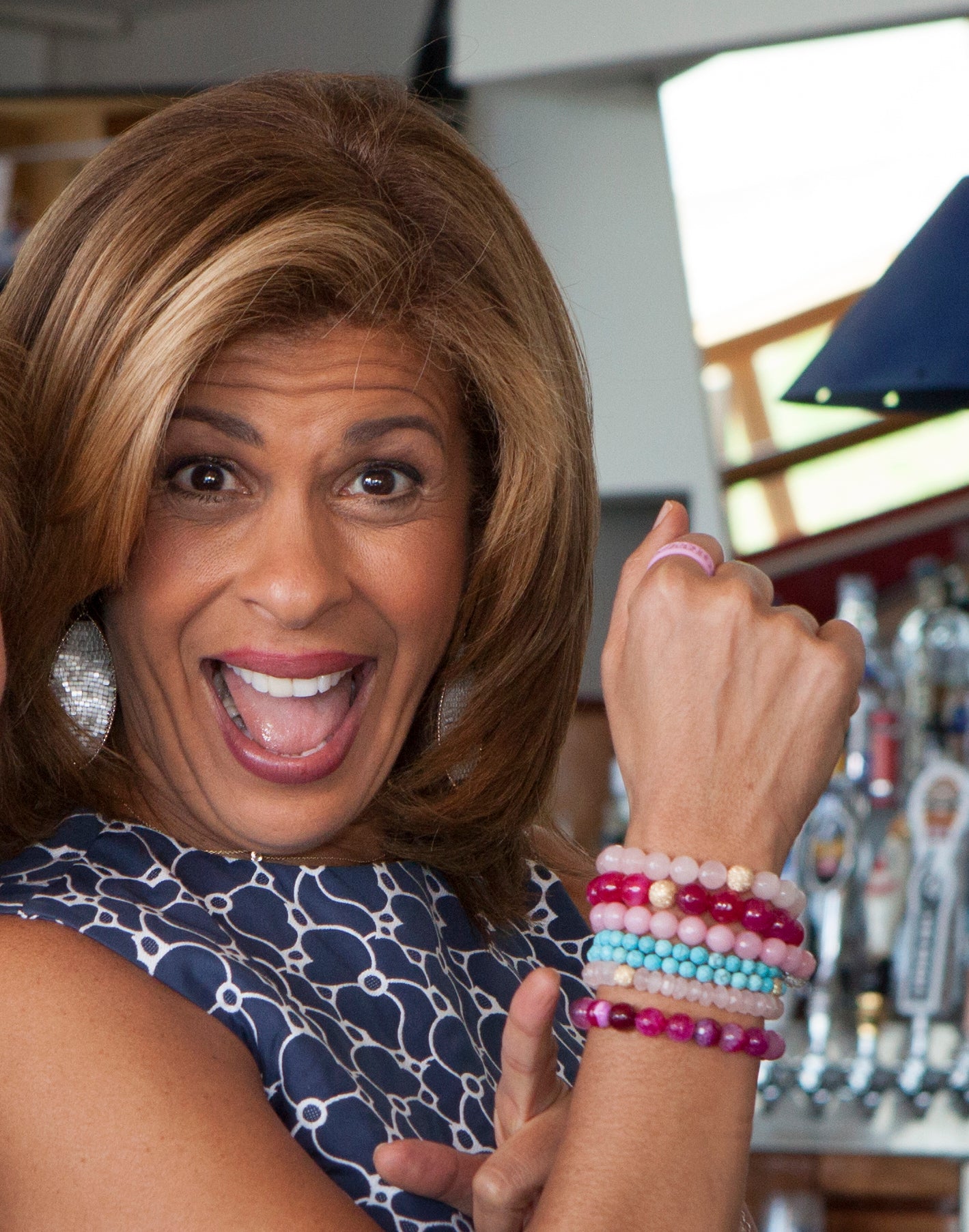 Celebrity Hoda Ktob FORCE stack beaded stretch bracelets of turquoise, rose quartz and pink agate.