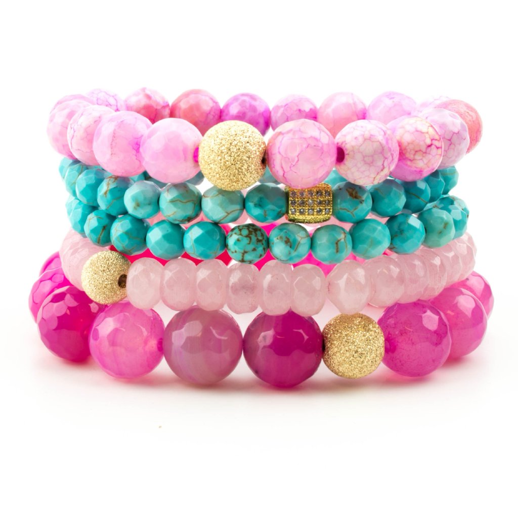 Celebrity Hoda Ktob FORCE stack beaded stretch bracelets of turquoise, rose quartz and pink agate.