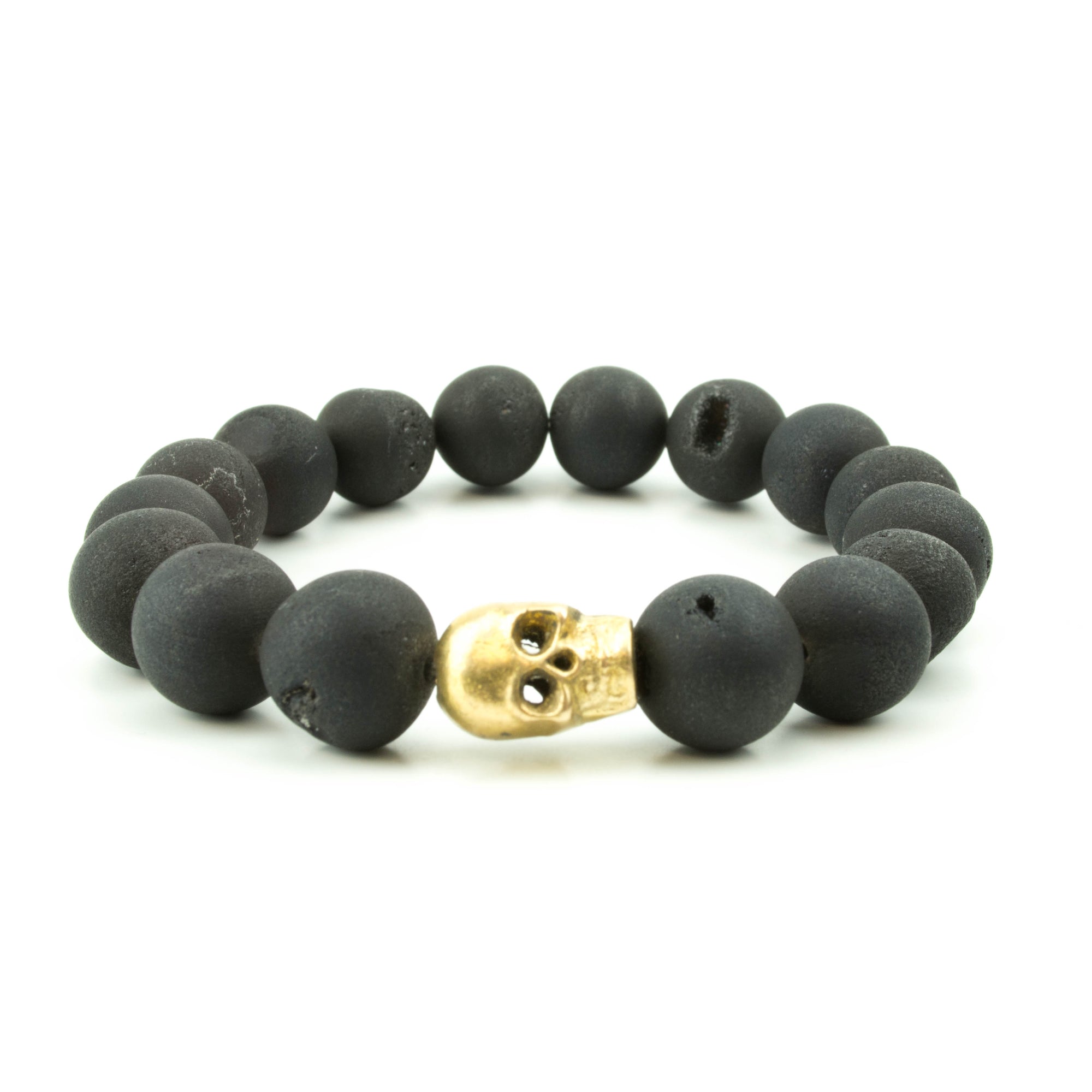 men's stretch beaded bracelet skull and black druzy agate