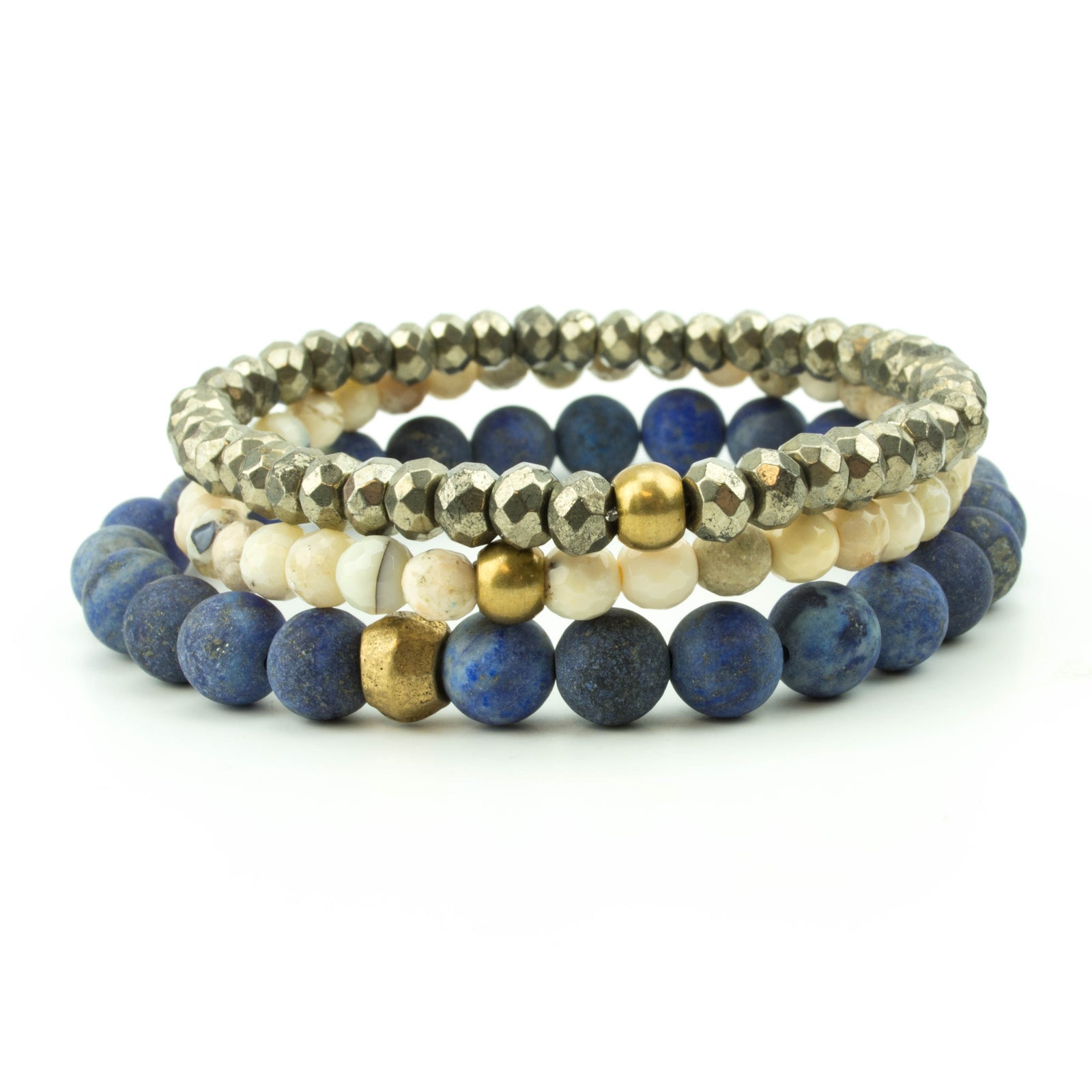 Men's stretch bracelet stack with pyrite, bone, lapis. 
