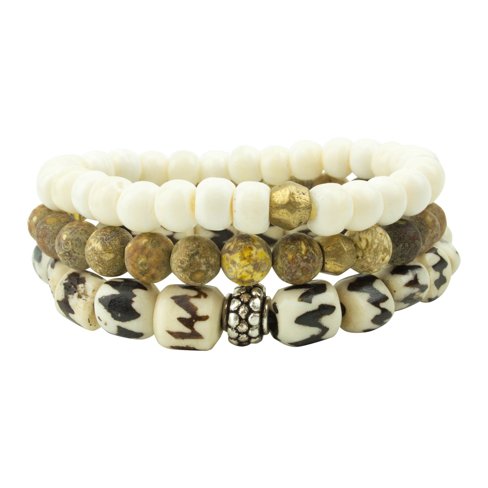 men's stretch beaded bracelet stack with bone, matte jasper